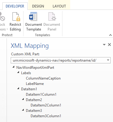 Clip of the XML Mapping pane in word